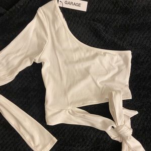 white one shoulder long sleeve top with tie